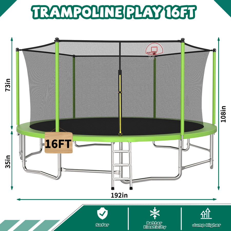 16FT Kids Trampoline with Hoop - Outdoor Trampoline W/Enclosure Net & Ladder, XXL Round Trampolines with Steel Support, Max Weight Capacity 1320LBS