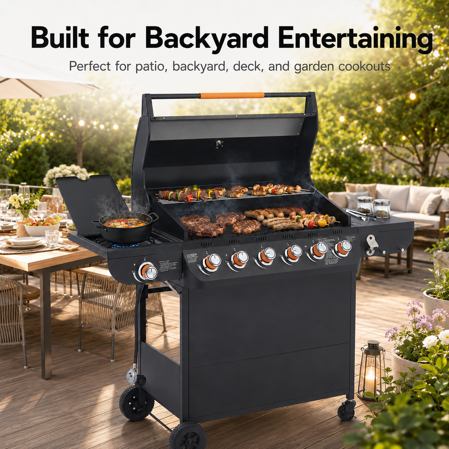 Propane Gas Grill clearance, 6-Burner Outdoor Grill with Side Burner, 72,000 BTU Stainless Steel BBQ Grill, 650 Sq.In Cooking Area, Cast Iron Grates, Thermometer, for Patio Backyard Garden