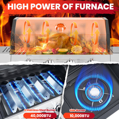 Multifunctional Gas Grill w/Side Burner, Stainless Steel 50,000BTU 4-Burner Propane Grill, Outdoor Patio Camping BBQ Grill w/Storage Cabinet, Steel Brush, Multi-zone Cooking