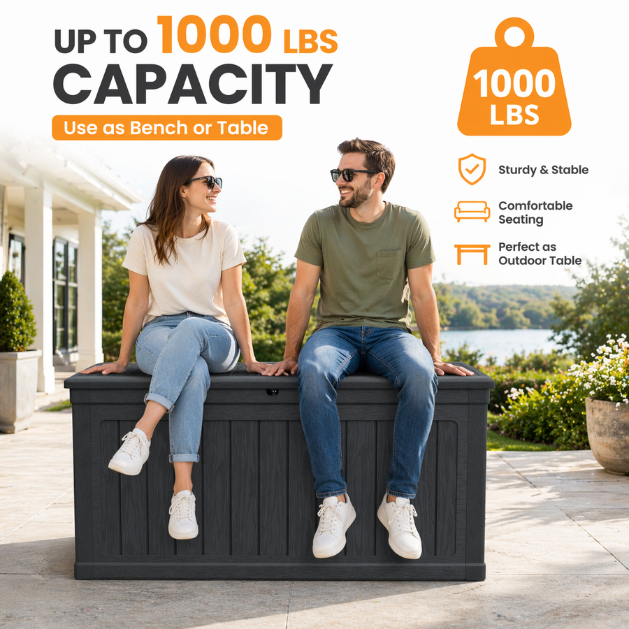 1000LBS Deck Box for Outdoor, 230GAL Resin Storage Bench Toy Box, Patio Pool Furniture Cushion Storage Waterproof, Automatically-Open Lid w/Reinforced Steel Beam