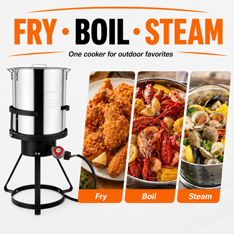 Outdoor Turkey Fryer Kit, 30QT Aluminum Deep Fryer and Seafood Boil Pot, 55,000 BTU Propane Burner with 32.3-Inch Iron Tripod Stand, Basket, Poultry Rack, Thermometer and Injector