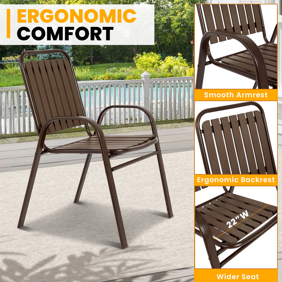 Patio Furniture Set, 5-piece Outdoor Dining Set Wood Grain Top, Plastic Patio Table and Chairs for Deck Yard Balcony Porch, All-weather Steel Frame, 4-person Dining Set for Indoor Outdoor, Brown