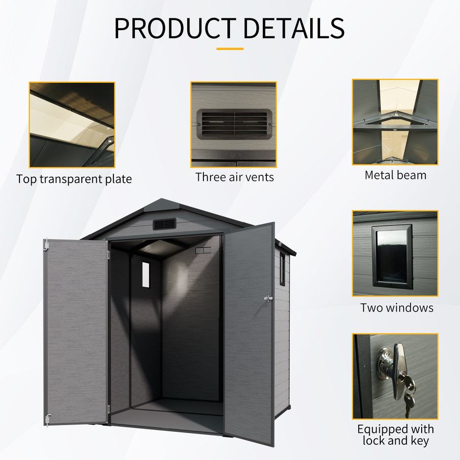 6x6FT Outdoor Storage Shed, Plastic Resin Shed w/Floor and Window, Lockable Tool Bike Garden Patio Large Storage with Sloped Top, Drainage Holes, 30MPH Wind Resistance