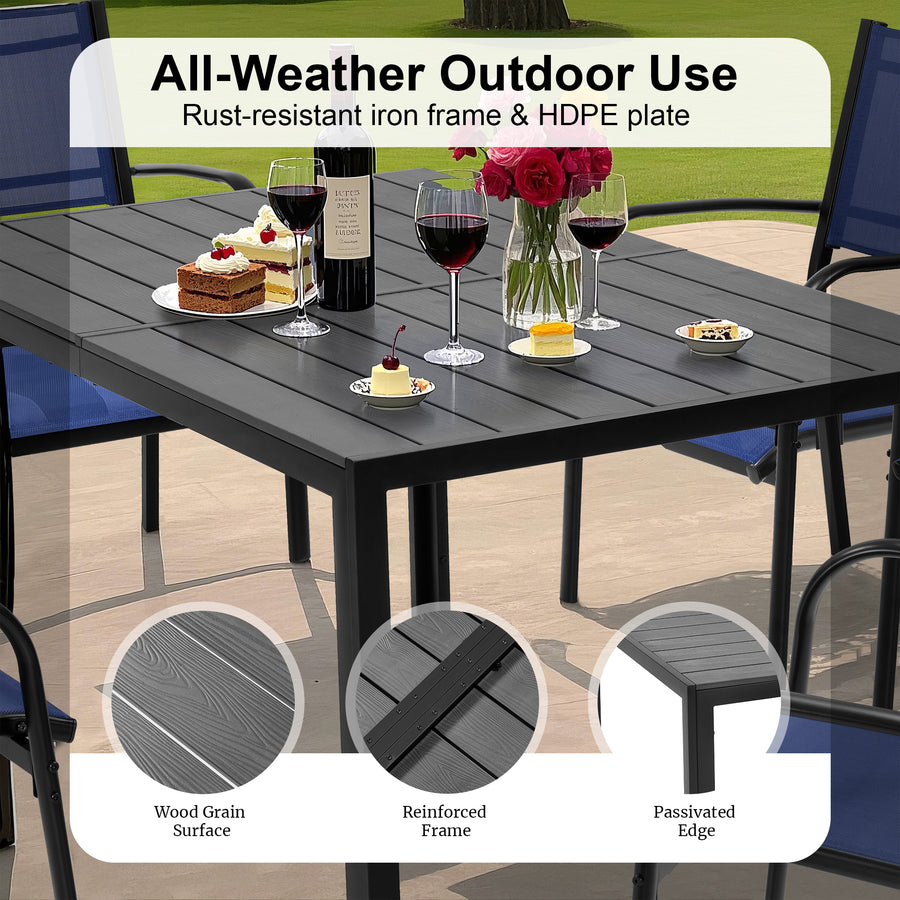 7 Piece Outdoor Patio Dining Set, Plastic-wood Dining Table and Chair for 6, All-weather Textilene Armchair Set Space-saving for Small Garden Yard Deck Porch, Blue