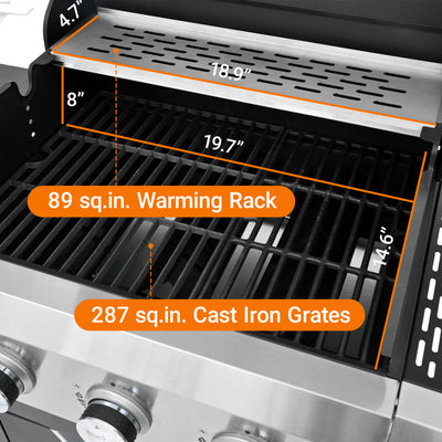 3-Burner Propane Gas Grill with Side Burner, 40,500 BTU Stainless Steel Outdoor BBQ Grill, 465 Sq. In. Cooking Area, Electronic Ignition and Side Table for Patio Backyard