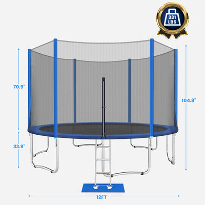 Trampoline for Adults & Kids - 12FT All-Weather Trampoline W/ Thickened Enclosure Net and Spring Pad, Outdoor Round Trampolines with Steel Support & Ladder, Large Trampoline Bears 6-8 Kids