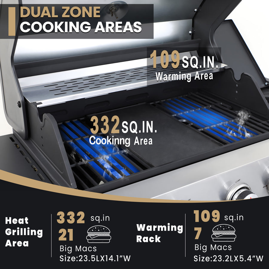 Seizeen 4 Burner Outdoor BBQ Grill with Side Burner, 46,790BTU Propane Gas Grill Stainless Steel, 2-IN-1 Enameled Cast Iron Grid & Frying Plate, High Lid, for Patio and Garden Cooking
