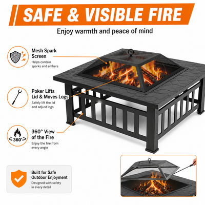 32'' Wood Burning Fire Pit, Outdoor Metal Fire Pit Table with Mesh Screen Lid & Poker, Stone Pattern Patio Fireplace for Backyard, Garden, BBQ, Heating, Square