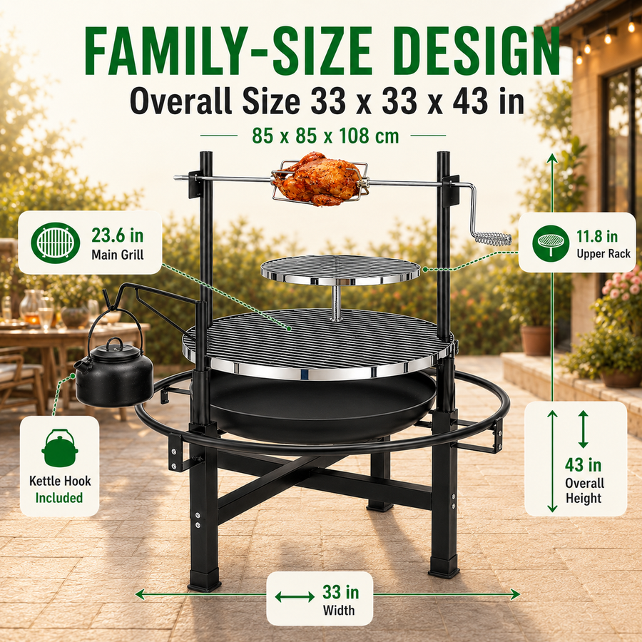 Seizeen Wood Fire Pit, 33'' Round Charcoal Grill Firepit Combo, Outdoor Iron BBQ Grill with Adjustable Cooking Grate, Portable Camping Grill & Outdoor Fireplace for Backyard Patio Picnic