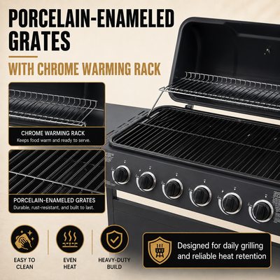 6-Burner Propane Gas Grill with Side Burner, 59000 BTU Outdoor BBQ Grill with Porcelain-Enameled Grates, Warming Rack, Side Tables, Bottle Opener, Thermometer & Wheels for Patio Backyard Cooking