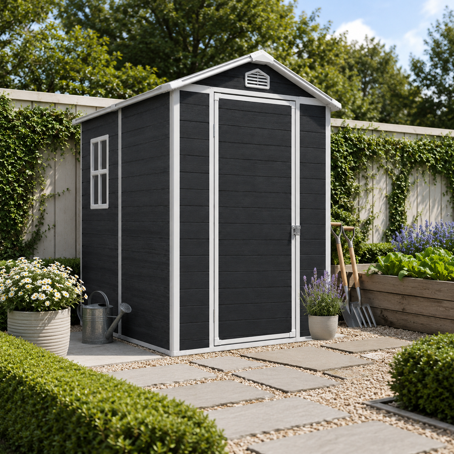 Seizeen 4 x 6 FT Plastic Storage Shed with Floor, Sloped Roof Outdoor Resin Shed with Window & Vents, Lockable Garden Tool Shed for Backyard Patio Lawn, Black