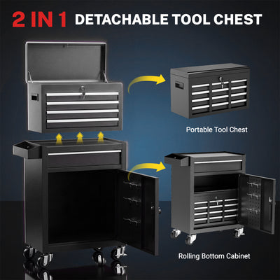 Tool Chest, 5-Drawer Rolling Tool Storage Cabinet with Detachable Top Tool Box, Universal Lockable Wheels