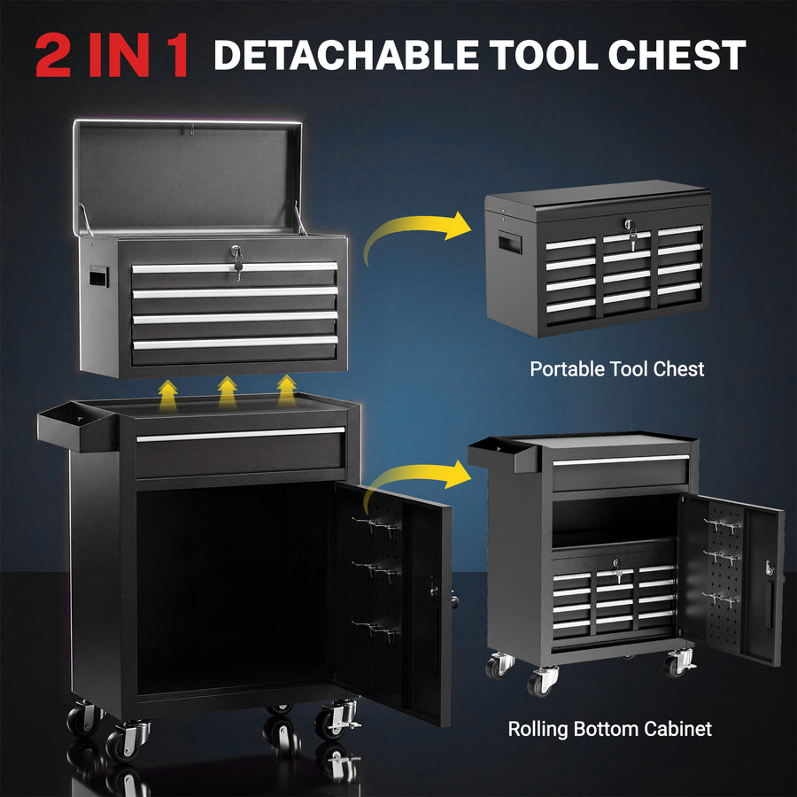 Tool Chest, 5-Drawer Rolling Tool Storage Cabinet with Detachable Top Tool Box, Universal Lockable Wheels