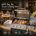 Seizeen Gas Grill with Side Burner, 51,000 BTU Outdoor BBQ Grill w/Porcelain-Enameled Cast Iron Grates, 4-Burner Portable Propane Grill on Wheelsfor Patio Backyard