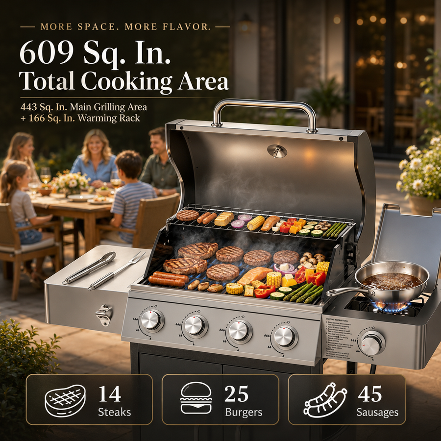 Seizeen Gas Grill with Side Burner, 51,000 BTU Outdoor BBQ Grill w/Porcelain-Enameled Cast Iron Grates, 4-Burner Portable Propane Grill on Wheelsfor Patio Backyard