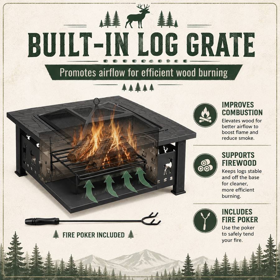 32 Inch Wood Burning Fire Pit for Outside, Square Outdoor Fire Pit Table with Spark Screen & Fire Poker, Heavy Duty Wrought Iron Firepit for Backyard, Patio, Garden & Camping