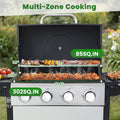 Seizeen 34200BTU 4-Burner Propane Gas Grill, Outdoor BBQ Grill on Wheels, Portable Grill Stainless Steel for Camping Patio RV Party, Foldable Side Table, Hanging Basket