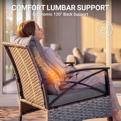 Patio Outdoor Furniture Set, 3PCS Rattan Wicker Rocking Chair Set Balcony Furniture, Steel Frame Patio Chairs with 2-Tier Coffee Table, Thick Seat Cushions and Pillows