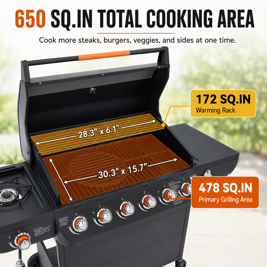 6-Burner Propane Gas Grill with Side Burner, 72,000 BTU Stainless Steel BBQ Grill with Cast Iron Grates, 650 Sq.In Cooking Area, Warming Rack, Thermometer, Side Tables & Wheels for Outdoor Patio Back