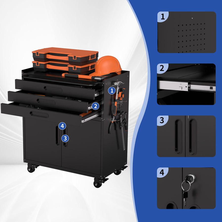 34.3" Rolling Metal Tool Cabinet - Heavy Duty Garage Storage with Lockable Doors & 3 Drawers, Mobile Workbench Organizer for Garage, Workshop, Home