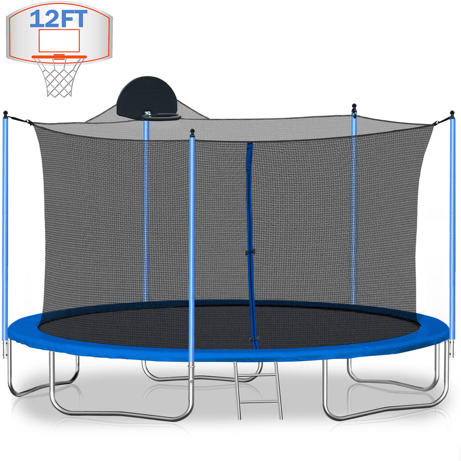 Trampoline for Kids - Seizeen 12FT Heavy-Duty Trampoline W/Enclosure Net for Outdoor, All-Weather Thickened Spring Pad Trampoline with Hoop, Large High Elastic Trampoline Durable, Blue