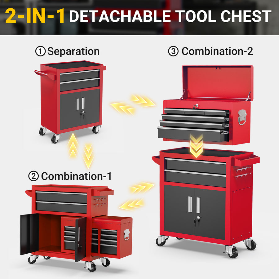 Rolling Tool Chest with 8 Drawers, Multifunctional Steel Toolbox Organizer, Tool Storage Cabinet with Detachable Topbox, Garage Tool Cart w/Universal Weels,Hanging Box, Hooks, DIY Anti-slip Mat