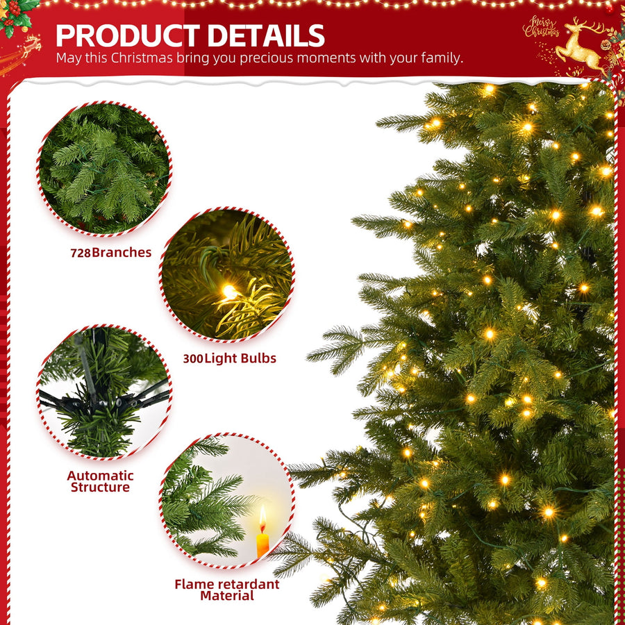 6ft Pre-lit Christmas Tree, Lighted Artificial Pine Tree w/728 Tips, 300pcs Warm Lights, 3-step Assembly, Green