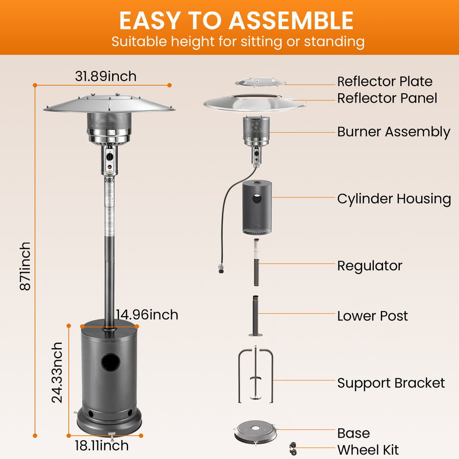 48,000 BTU Patio Heater, Outdoor Heater with Wheels and Adjustable Thermostat, Heavy Duty Stainless Steel Patio Heater, Freestanding Propane Heater for Backyard, Deck, Garden