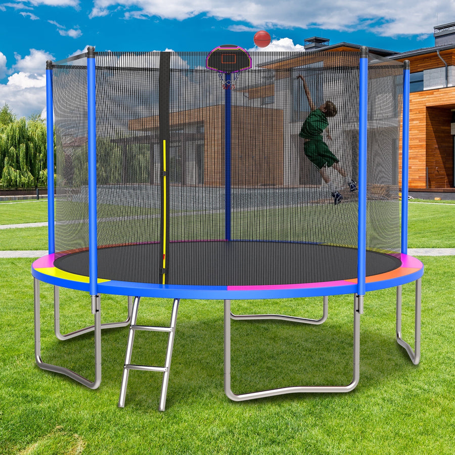 Christmas Trampoline for Kids, 12FT 5-Support Trampoline Max 1500LBS, 2-IN-1 Outdoor Trampoline W/Hoop, Enclosure Net, As Gift for Boys & Girls with Colorful Cover