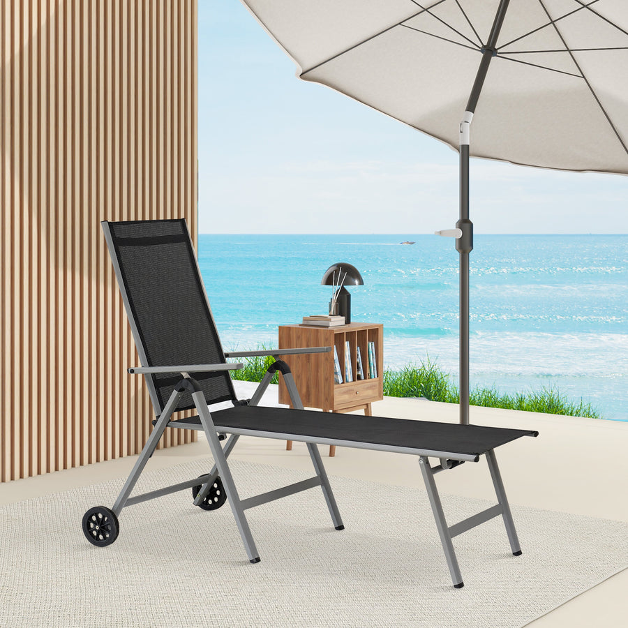 Outdoor Chaise Lounge, Patio Lounge Chair Textilene, Aluminum Frame Pool Lounge Chair with Wheels, 5-position Backrest Adjustable Recliner Lounge