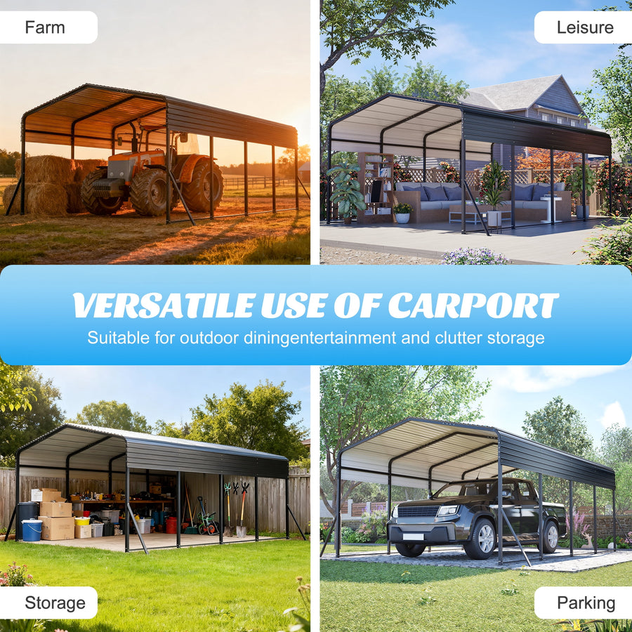 13x20ft Carport Galvanized Steel, Heavy Duty Carport Shelter with Reinforced Frame&4 Poles for Outdoor, Weatherproof Roof, Car Boat Tractor ATV RV Shelter, 44MPH Near Gale Level