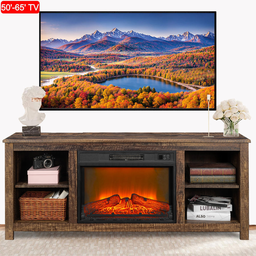 TV Stand with Fireplace, 58"L Farmhouse TV Stand with Electric Fireplace Remote Adjust Temperature, Wood Fireplace Entertainment Center TV Console for 65" TVs, Brown