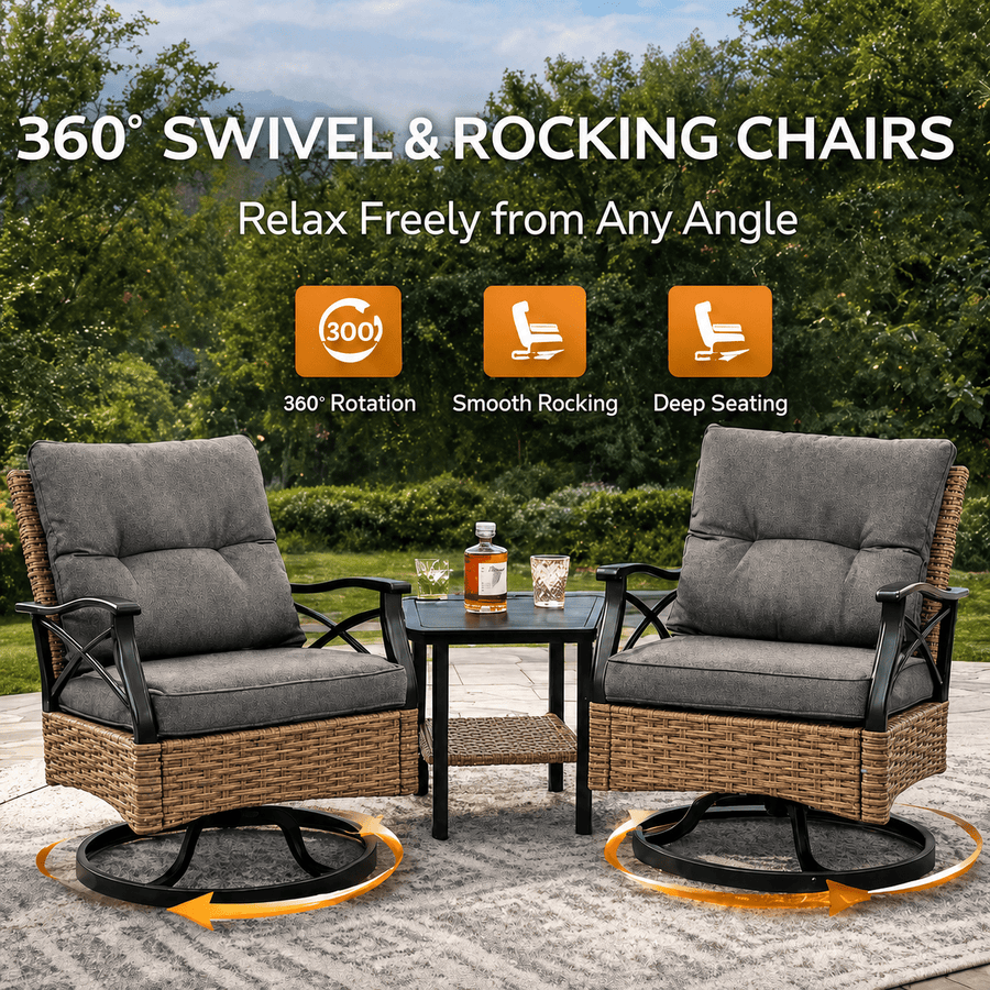 Patio Furniture Set, 3 Pieces Outdoor Swivel Rocker Chairs Set of 2, Rattan Wicker Conversation Set with 2 Rocking Swivel Chairs & Side Table, 360° Rotation Deep Seating for Porch Backyard Deck