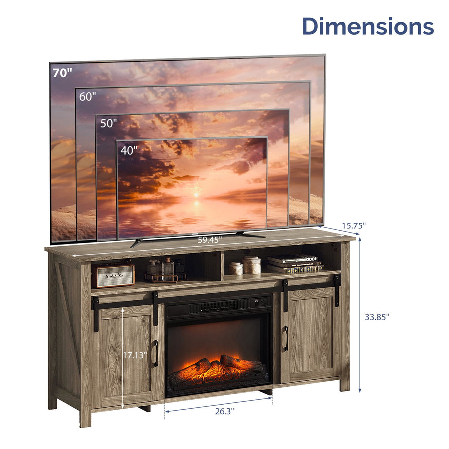 TV Stand with Fireplace, Fireplace TV Stand for 50-60-65’’ TV, Gray Entertainment Center for Bedroom with Cabinet, Living Room TV Console w/3D Flame Electric Fireplace Insert, RC, Multi-mode Change