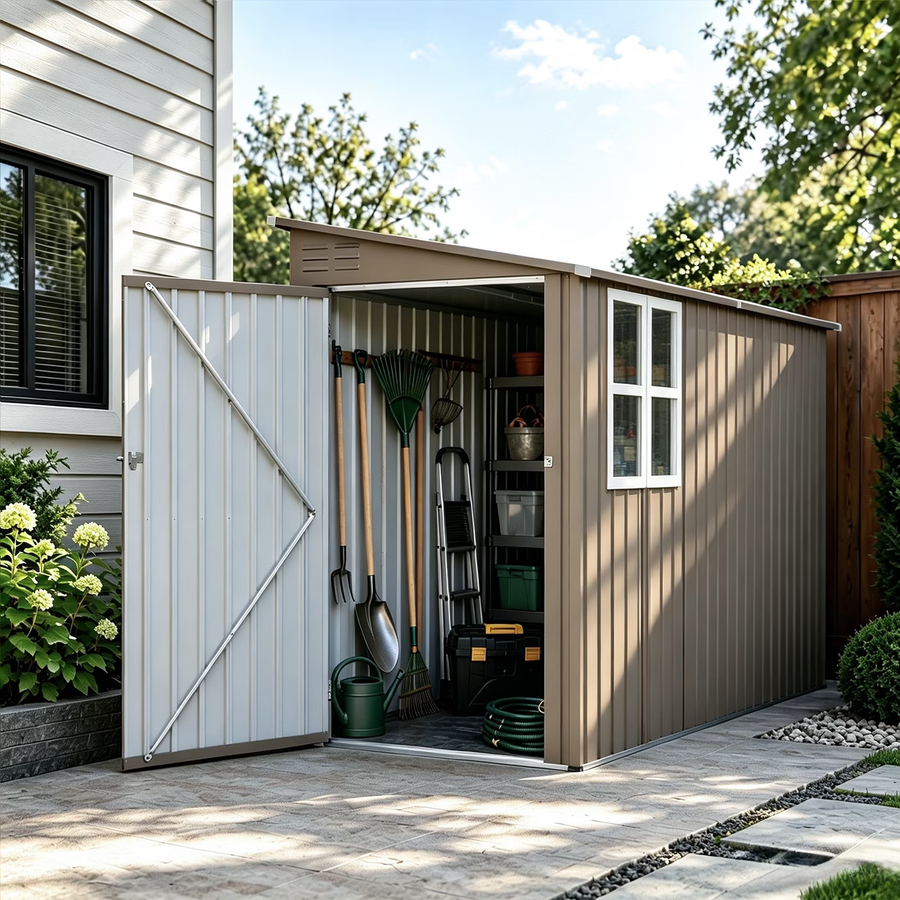 4x9ft Outdoor Storage Shed, Waterproof Garden Tool Shed, Space-saving Lean-to Shed Wall Side Design, Sloping Roof, Reinforced Frame, with Window and 6 Air Vents, Lockable Patio Shed for Backyard