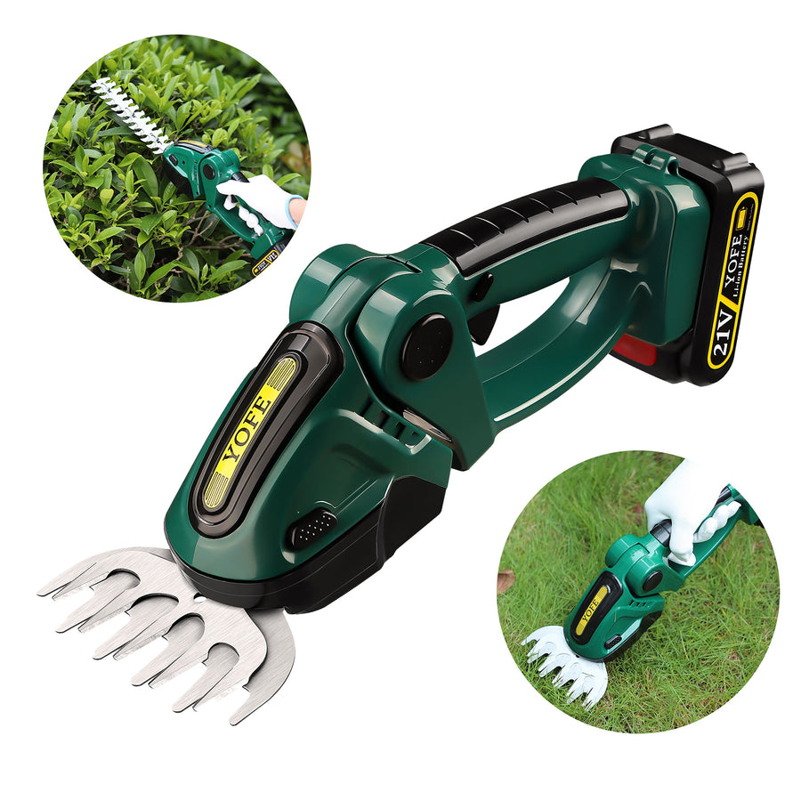 Handheld Electric Hedge Trimmer & Grass Shear, 21V Battery Power Grass Shrubbery Trimmer Cordless, 2-In-1 w/ 2 Blades, 90¡ãAdjustable Head, Rechargeable Battery, Charger