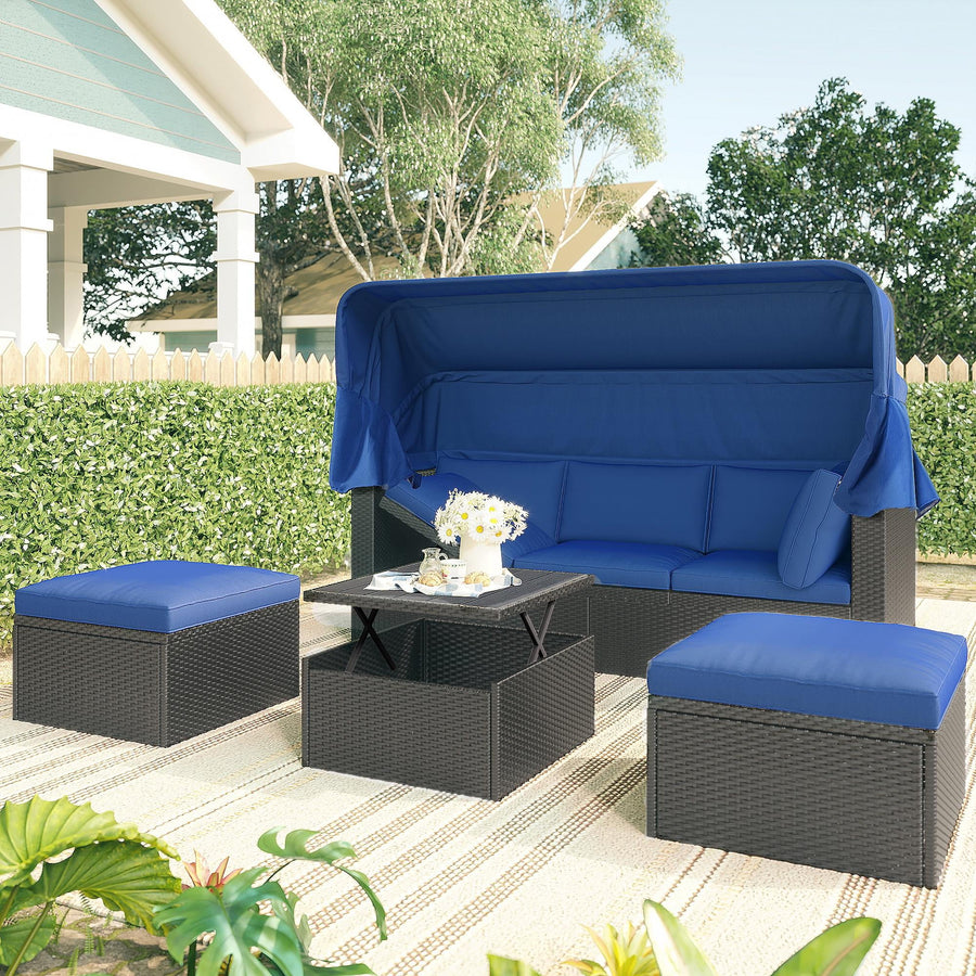 Outdoor Daybed with Canopy, Patio Sectional Furniture Set with Lifting Table Thick Cushions Pillows, Retractable Canopy Conversation Sofa Set with Side Table, Blue