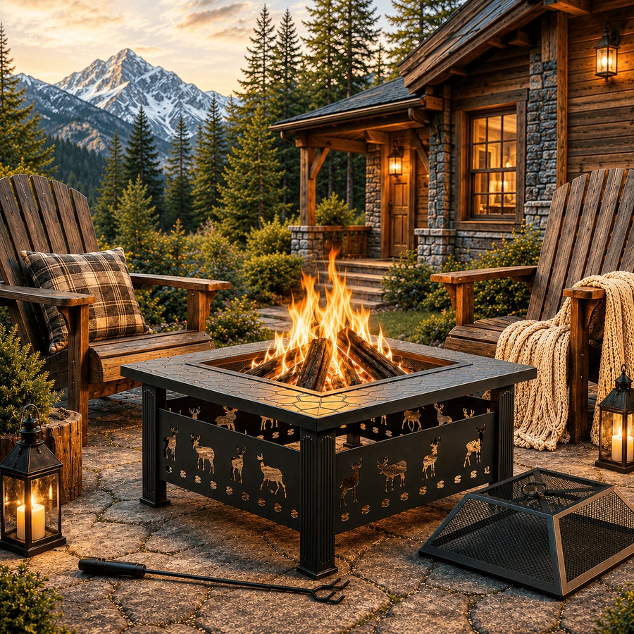 32’’ Square Fire Pit for Outdoor, Heavy-Duty Wood Burning Firepit Table with Screen Lid, Fire Poker and Elk Cutout Panels for Patio, Backyard and Garden