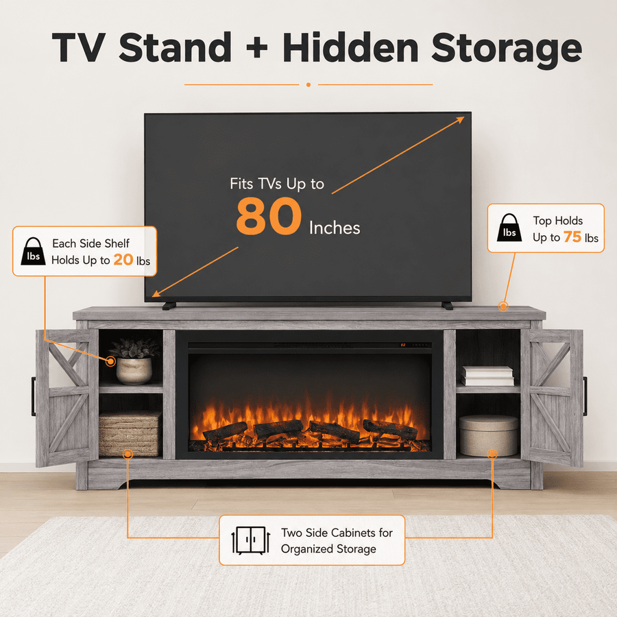 75" Fireplace TV Stand for TVs up to 80", Entertainment Center with 44" Electric Fireplace, 1500W Infrared Quartz Heater, Remote Control and Timer, TV Media Console Cabinet  w/2 Doors & Shelves