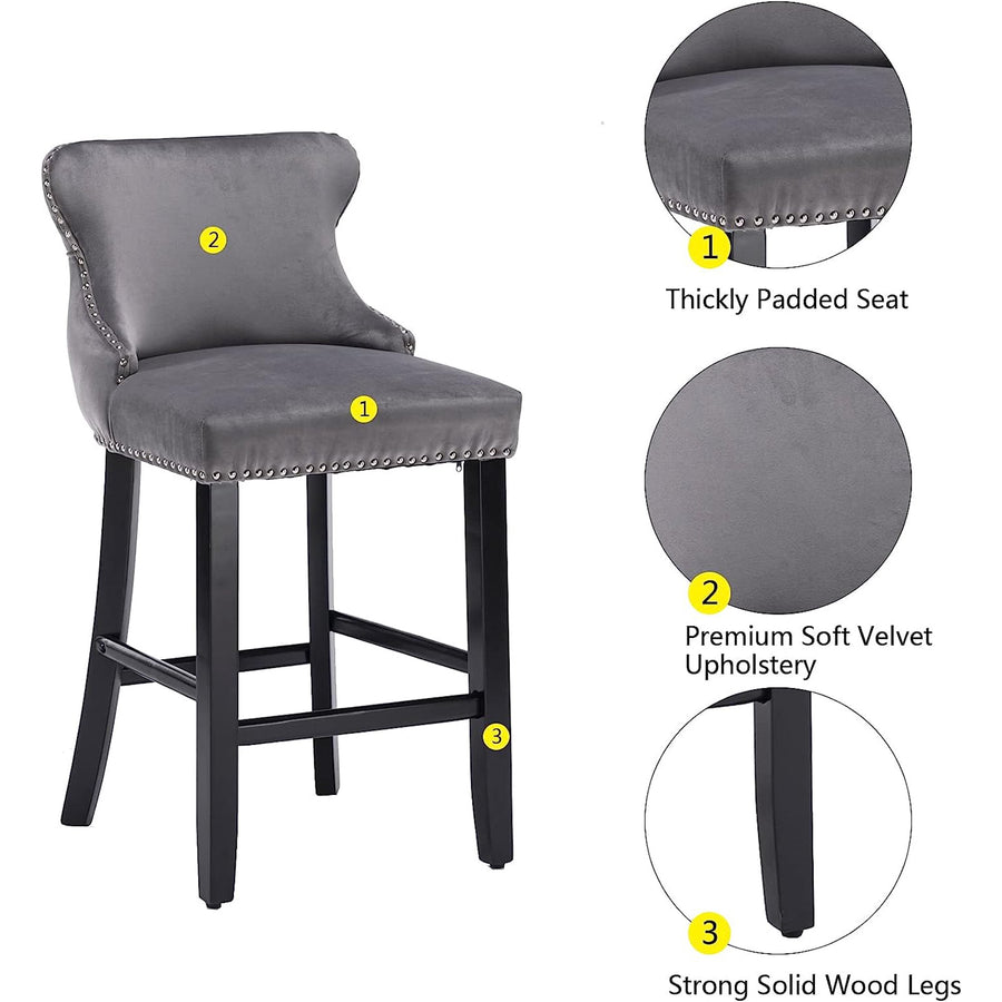 Seizeen Counter Height Bar Stools, Set of 2, Wing-back Velvet Dining Chairs with Soft Cushion, Solid Wood Legs, Button Tufted Decoration and Chrome Nailhead Trim, Gray