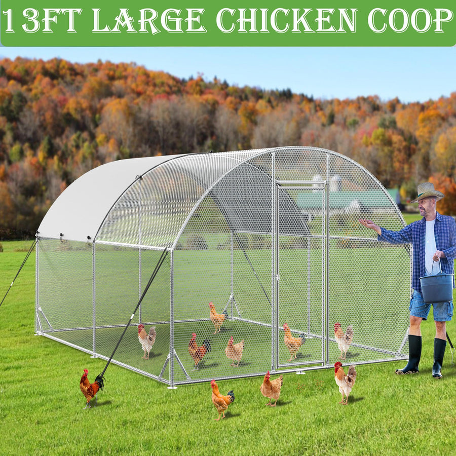 Outdoor Chicken Coop, Seizeen 13ft Large Galvanized Chicken Poultry Cage for 10+ Hens, Metal Ducks Coop w/ Waterproof Cover, Round Dome Walk-in Rabbits Coop for Yard