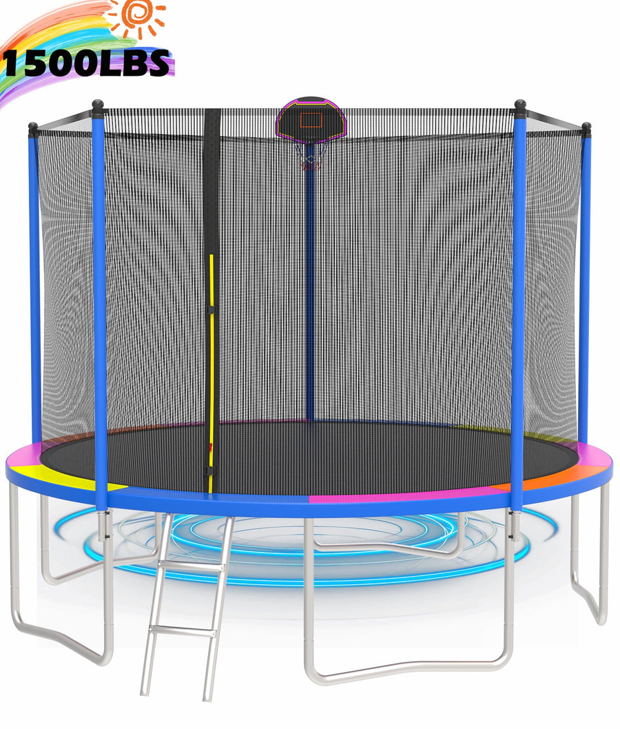 Seizeen 1500LBS Trampoline for Kids - 12FT Outdoor Trampoline with Enclosure&Hoop, All-Weather Steel Trampoline with 5 Heavy-Duty Support & Thickened Spring Pad