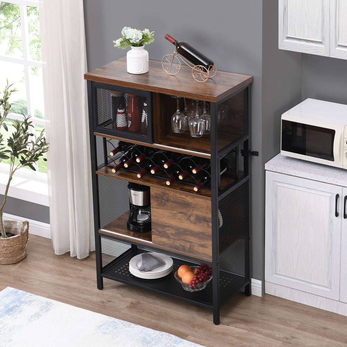 Wine Bar Cabinet for Liquor, Industrial Wine Rack with Storage Shelves ...