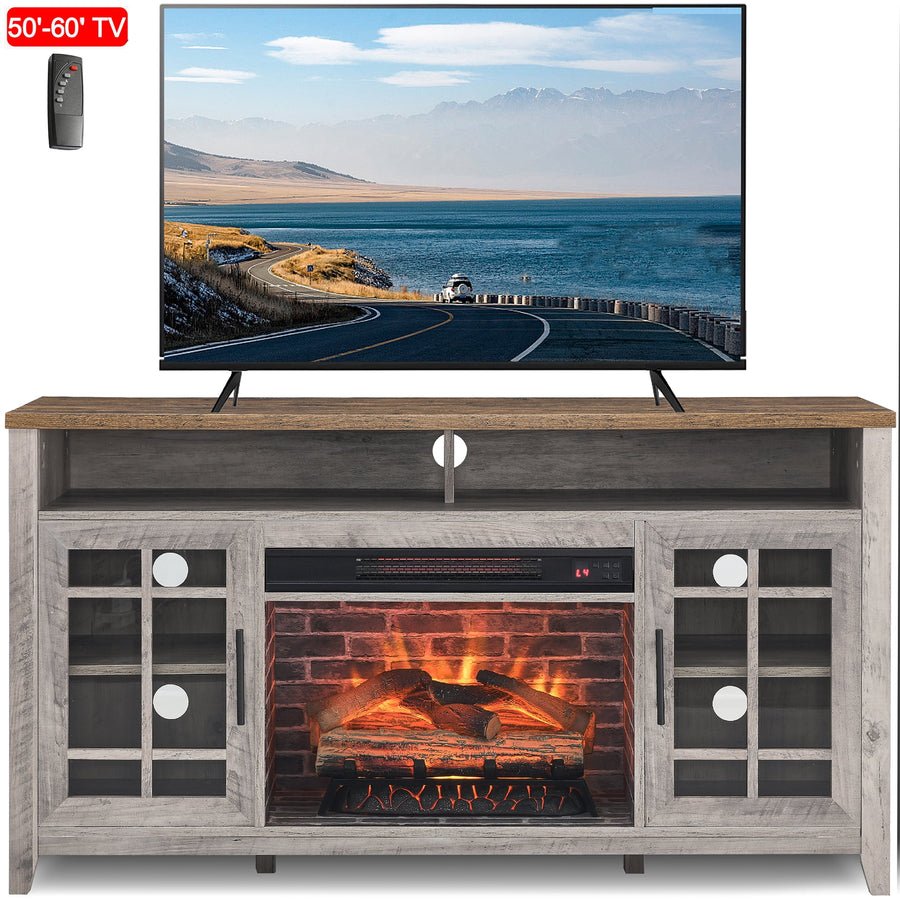 2-IN-1 TV Stand for 60inch TV, Seizeen 55¡¯¡¯L TV Stand with 1500W Fireplace, Fireplace Entertainment Center & TV Cabinet w/ Storage, Wall Background, Virtual Logs, Retro Gray