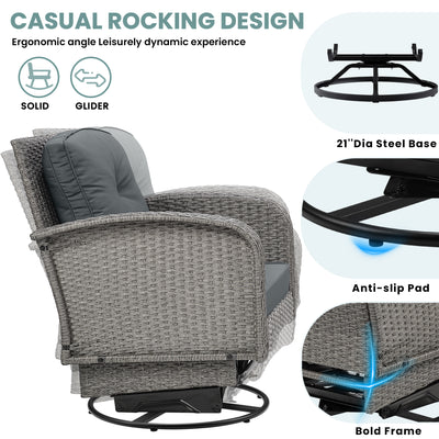 3-Piece Outdoor Swivel Rocking Chairs Set, Weather-Resistant Patio Furniture for Porch Backyard Poolside, with Coffee Table & Thick Cushions, Easy Assembly, Wicker 360° Swivel Rocker Bistro Set
