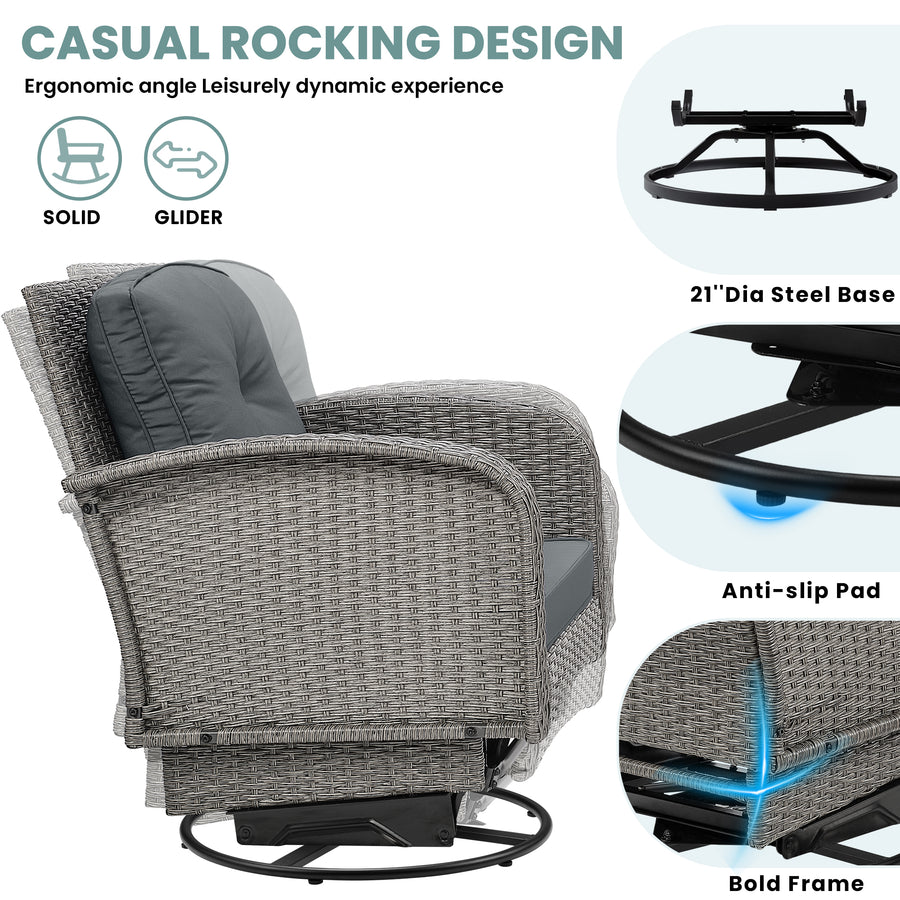 3-Piece Outdoor Swivel Rocking Chairs Set, Weather-Resistant Patio Furniture for Porch Backyard Poolside, with Coffee Table & Thick Cushions, Easy Assembly, Wicker 360° Swivel Rocker Bistro Set