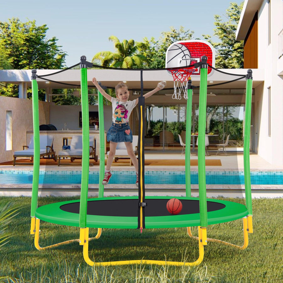 5.5FT Trampoline for Kids - Seizeen Outdoor & Indoor Mini Toddler Trampoline with Enclosure, Basketball Hoop and Ball, Round Small Trampoline, Green