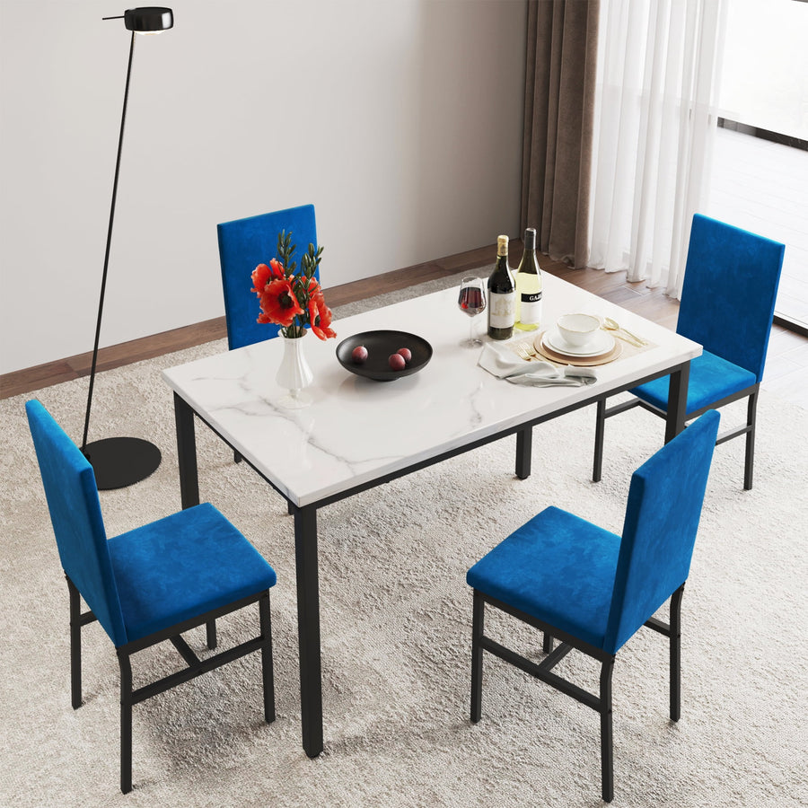 5-Piece Dining Table Set for 4, Kitchen Table Set with Chairs, White Marble Top Table & Blue Velvet Chairs, Living Room Breakfast Nook Dining Furniture Set