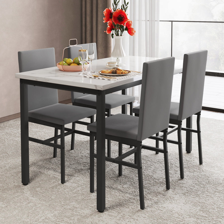 5-Piece Dining Table Set for 4, Kitchen Table Set with Chairs, White Marble Top Table & Velvet Chairs, Living Room Breakfast Nook Dining Furniture Set, Gray