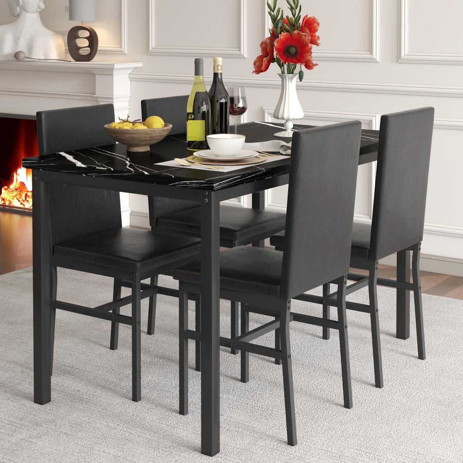 5 Piece Kitchen Dining Table and Chair Set, Dining Room Table Set with Faux Marble Table PU Leather Padded Chairs, Rectangle Dining Table Set for 4, Dinette Set for Kitchen Dining Room Small Space